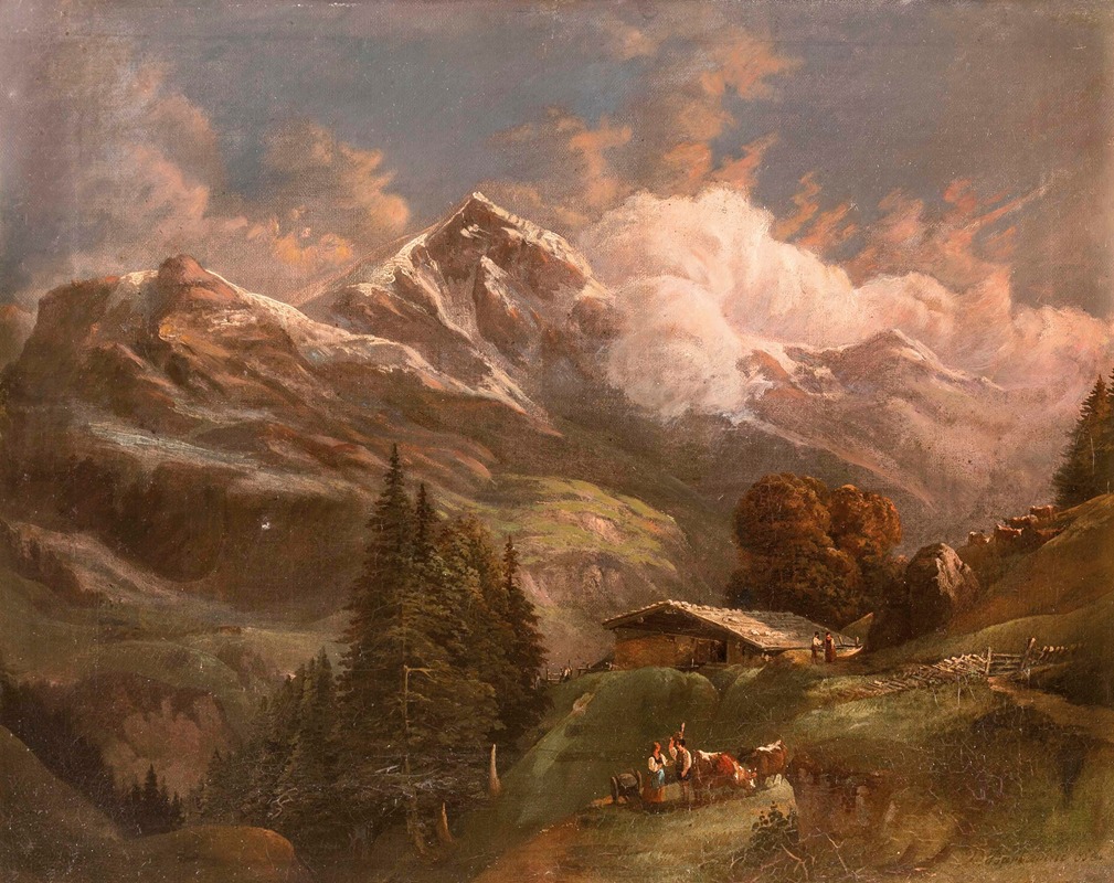 Gustav Barbarini - Belebte Hochalm mit Blick auf Alpengipfel