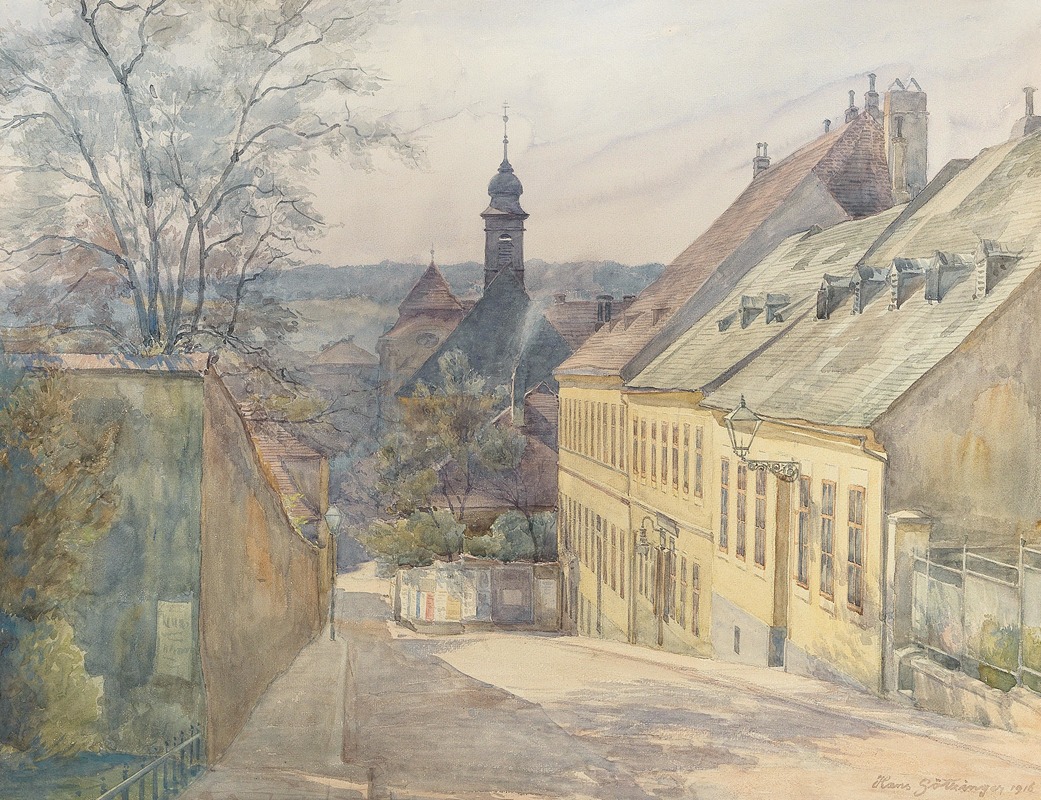 Hans Götzinger - A view of Diesterweggasse and St. Rochus chapel in Penzing