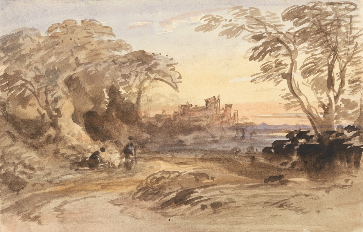 John Varley - Landscape with Figures and Distant Castle