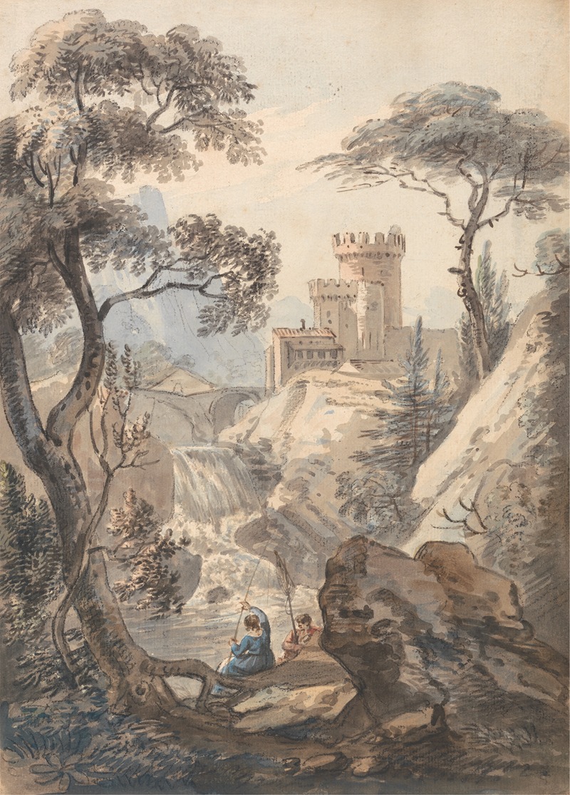 Paul Sandby - Italianate Landscape with Castle, Cascade and Anglers