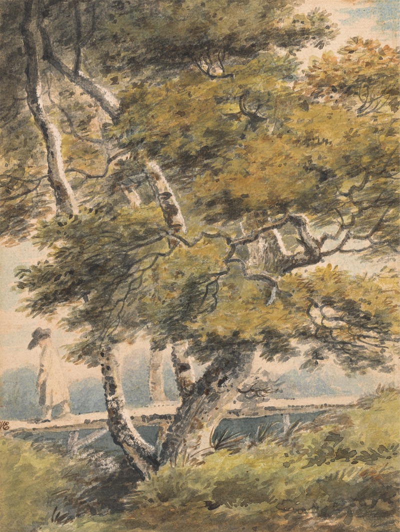 Paul Sandby - Trees, with a Man Crossing a Footbridge