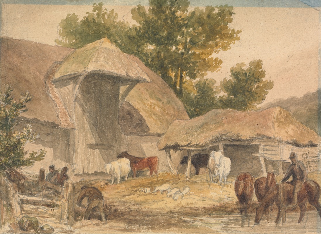 Robert Hills - Farmyard with Horses Waiting