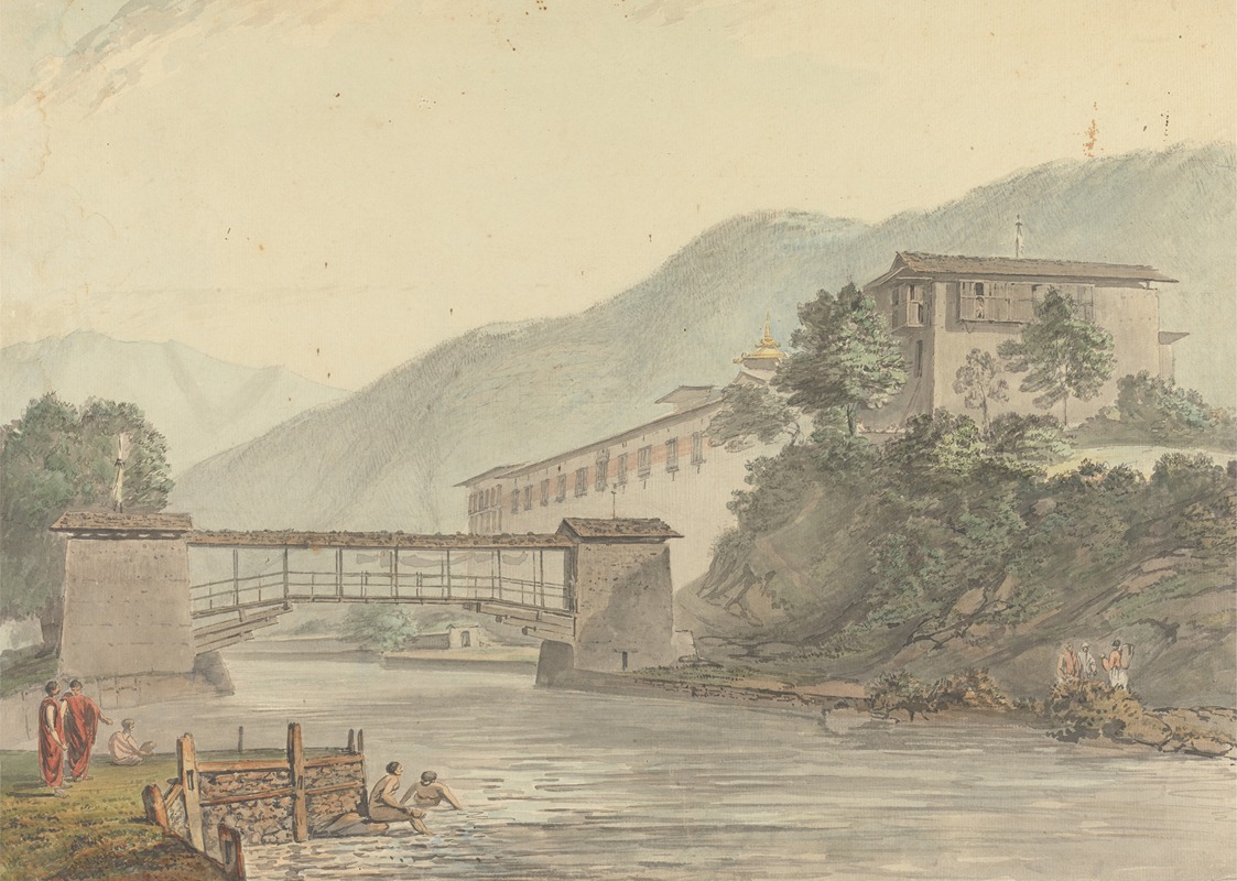 Samuel Davis - View of Tashichoedzong, Bhutan and Foot Bridge