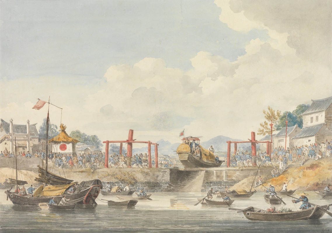 William Alexander - Barges of the Embassy Being Raised from One Canal to Another on Their Way from Han-Tcheou-Foo to Tchu-San, 16 November 1793