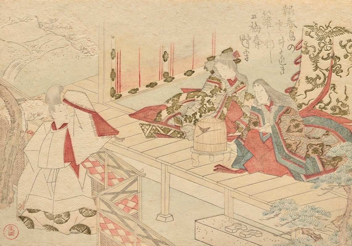 Kubo Shunman - A strolling courtier waves to a lady-in-waiting sitting on a veranda with her young attendant