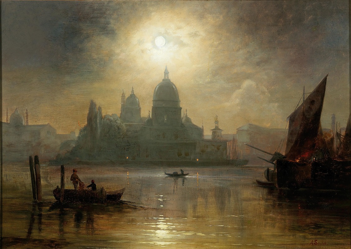 August Seidel - Venice, A Moonlit Night over the Santa Maria Salute