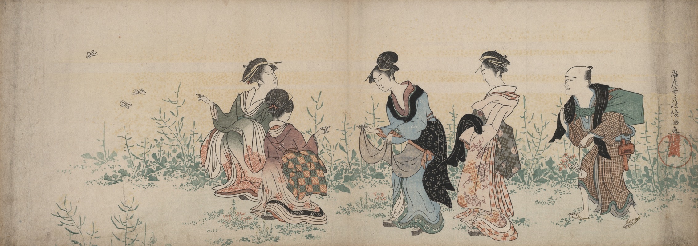 Kubo Shunman - Four girls and a servant enjoying wild flowers and butterflies