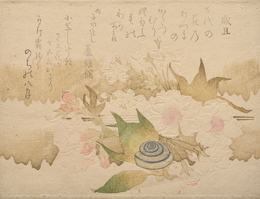 Kubo Shunman - New Year Poems; Snail and cherry blossoms (Saitan; Ōka ni Katatsumuri)