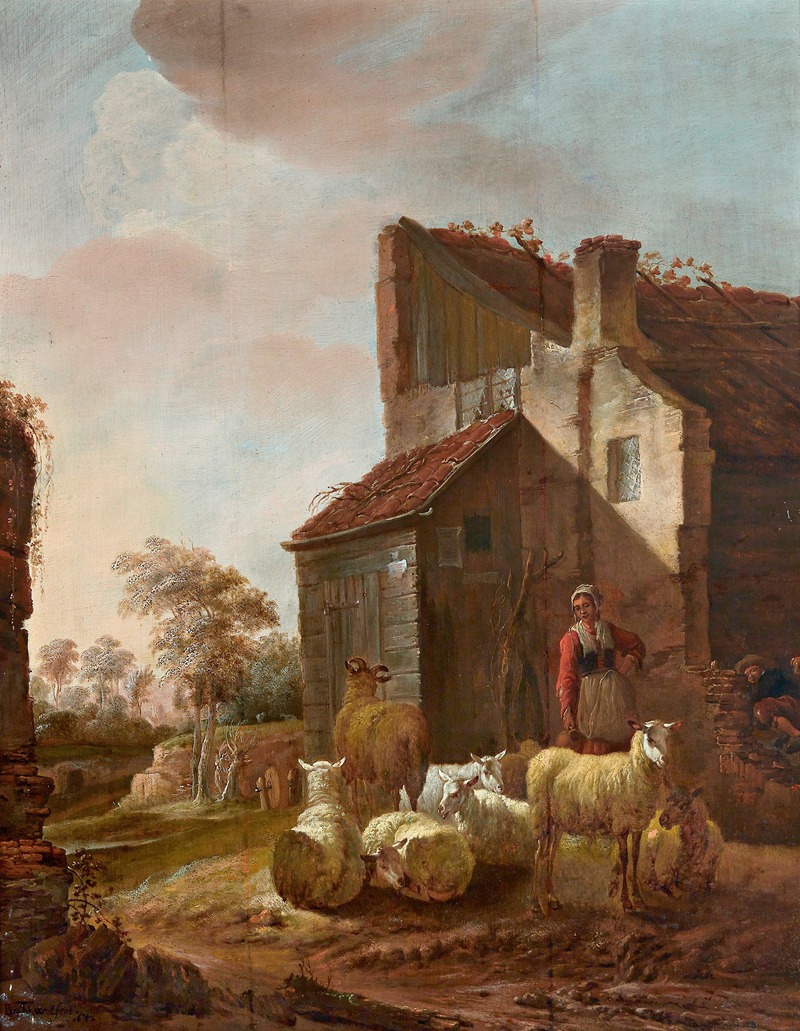 Jan Baptist Wolfaerts - Woman with sheep at the ruins of the gatehouse of Brederode castle