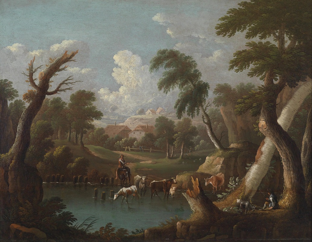 Johann Georg von Bemmel - Bergige Landschaft mit trinkendem Vieh