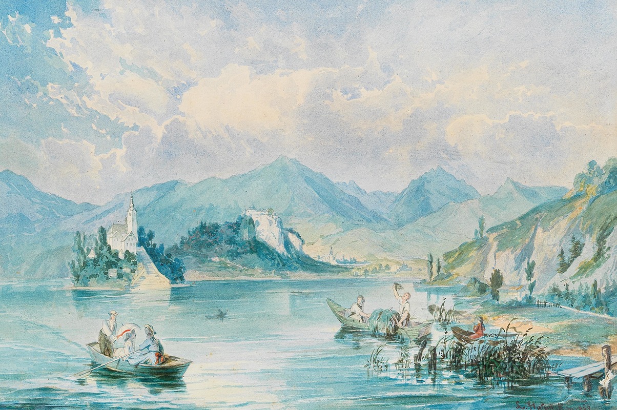 Ludwig Halauska - A view of Bled island in lake Bled in Slovenia