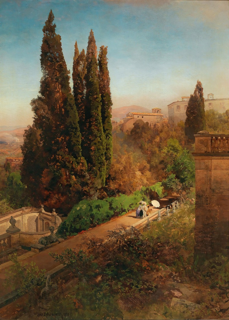 Oswald Achenbach - A view of the garden of Villa d’Este in Tivoli, near Rome