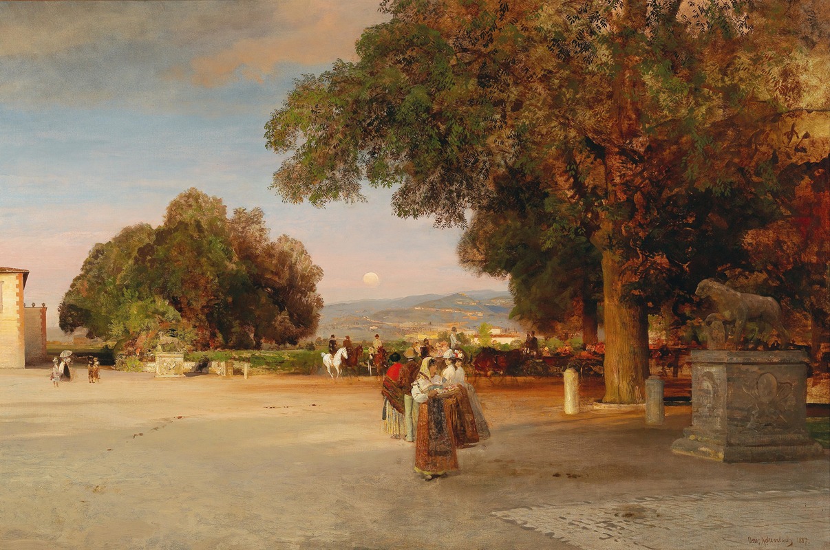 Oswald Achenbach - Scene at dusk on the terrace of Villa Grazioli in Grottaferrata