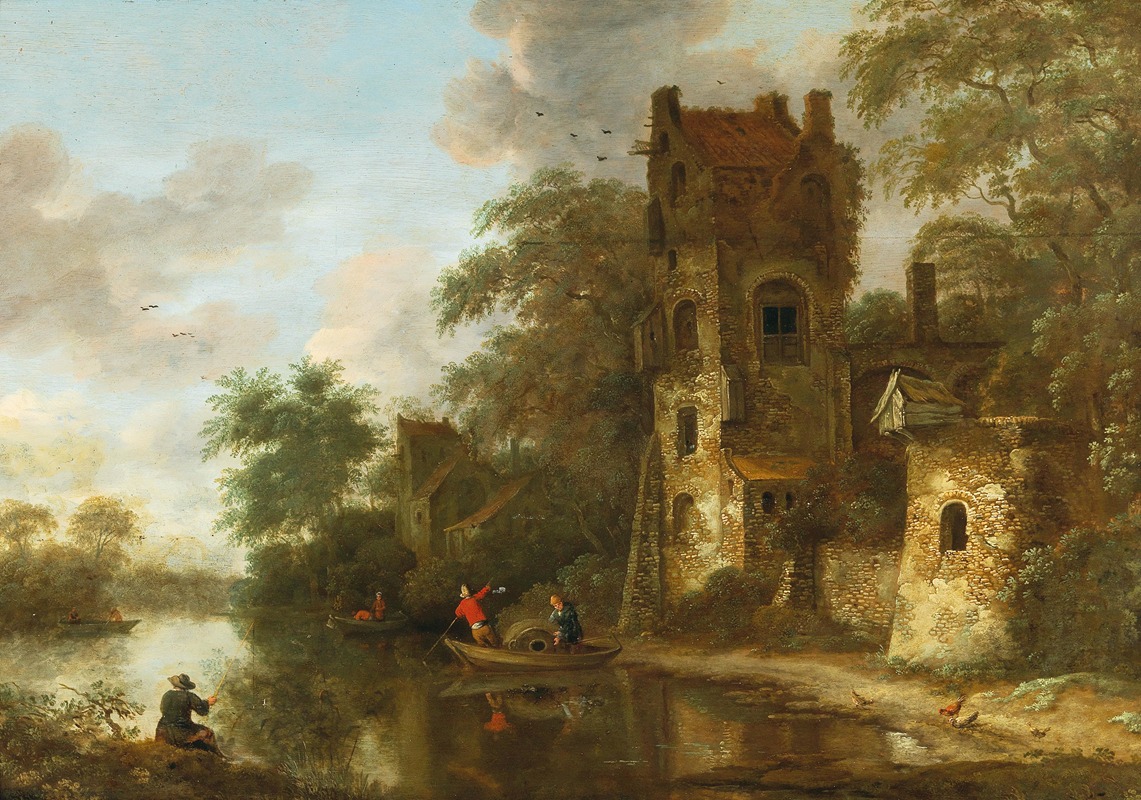 Roelof Jansz. van Vries - A landscape with a ruin on the bank of a river