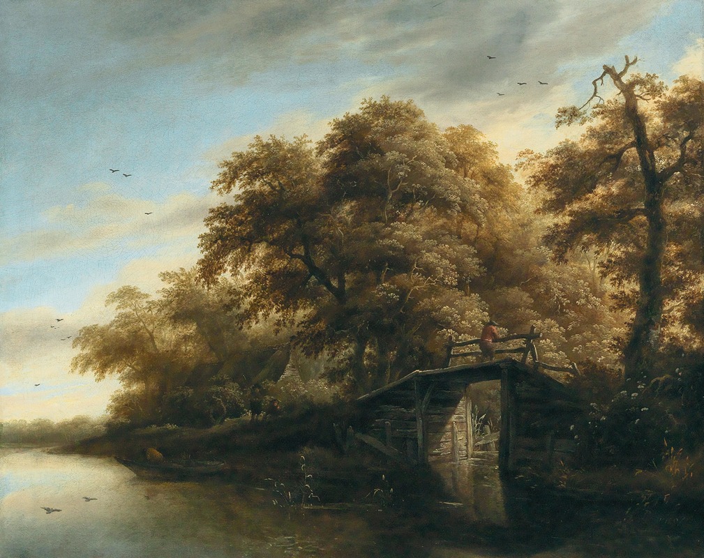 Roelof Jansz. van Vries - A river landscape with a fisherman on a bridge