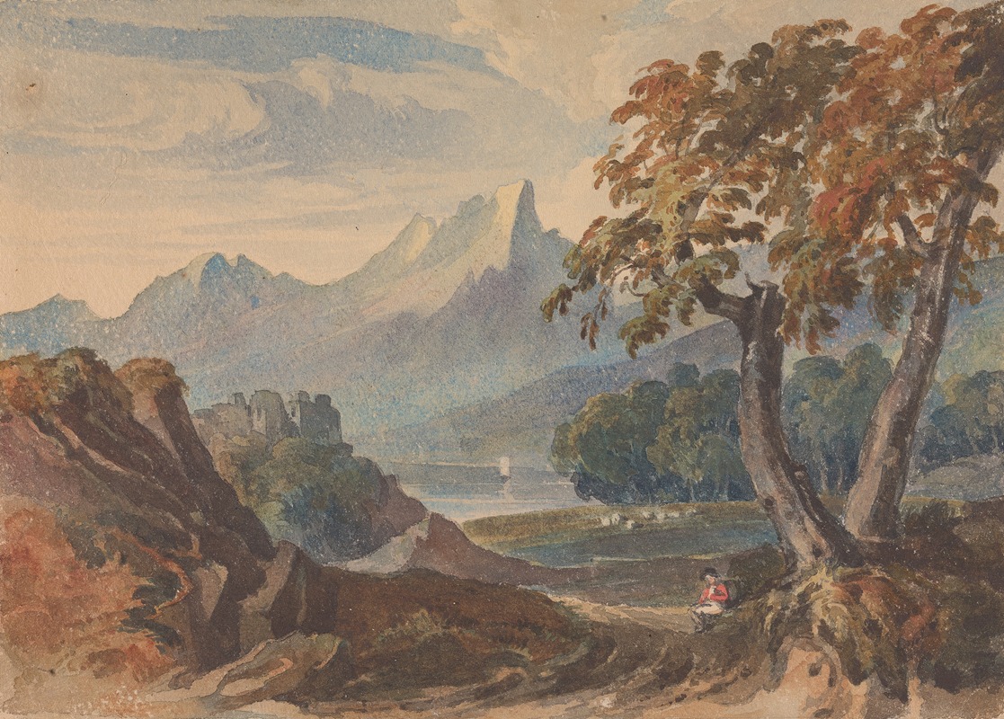 Thomas Sully - Landscape with Mountains, Lake Castle, Seated Figure in Foreground