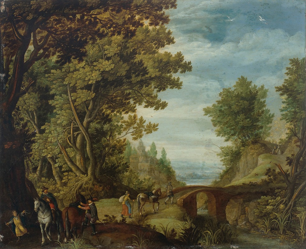 Adriaen van Stalbemt - A wooded landscape with travelers crossing a bridge