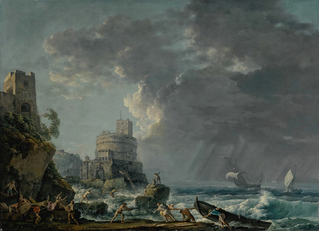 Carlo Bonavia - A storm off a rocky coast, with a shipwreck in the foreground and a fort on the rocky shoreline above 