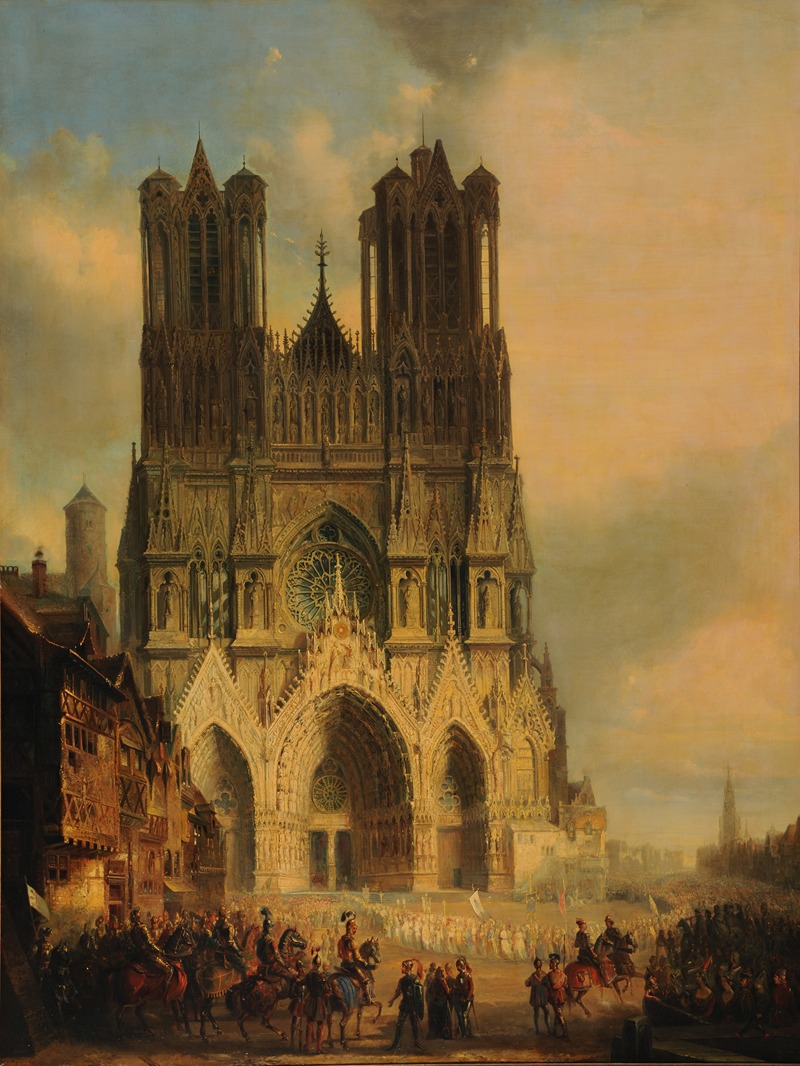 David Roberts - La façade de la Cathédrale de Reims avec une procession médiévale et un cortège au premier plan
