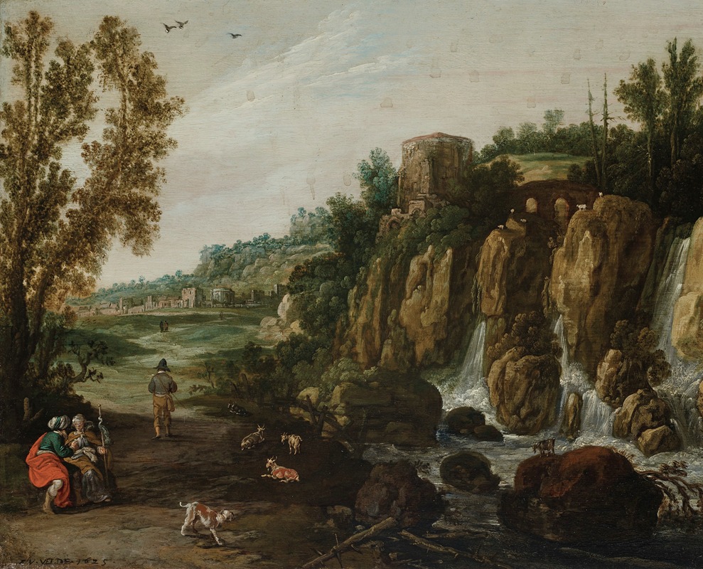 Esaias van de Velde - A rocky landscape with a waterfall and Ruth and Boaz