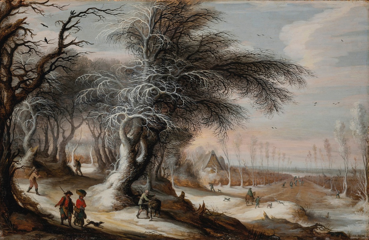 Gijsbrecht Leytens - A winter landscape with villagers on a path
