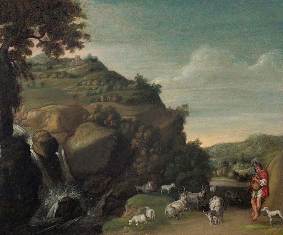 Jacob Pynas - A hilly landscape with a waterfall and a goatherd