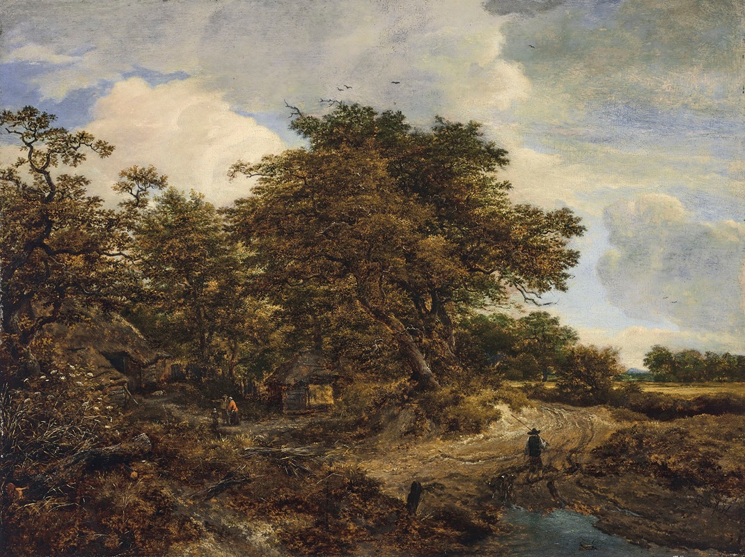 Jacob van Ruisdael - A wooded landscape with cottages and a figure and dogs on a dirt path