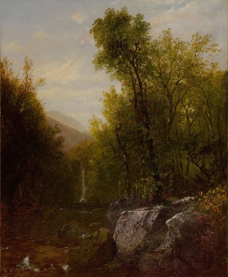 John Frederick Kensett - Fishing Near A Forest Waterfall