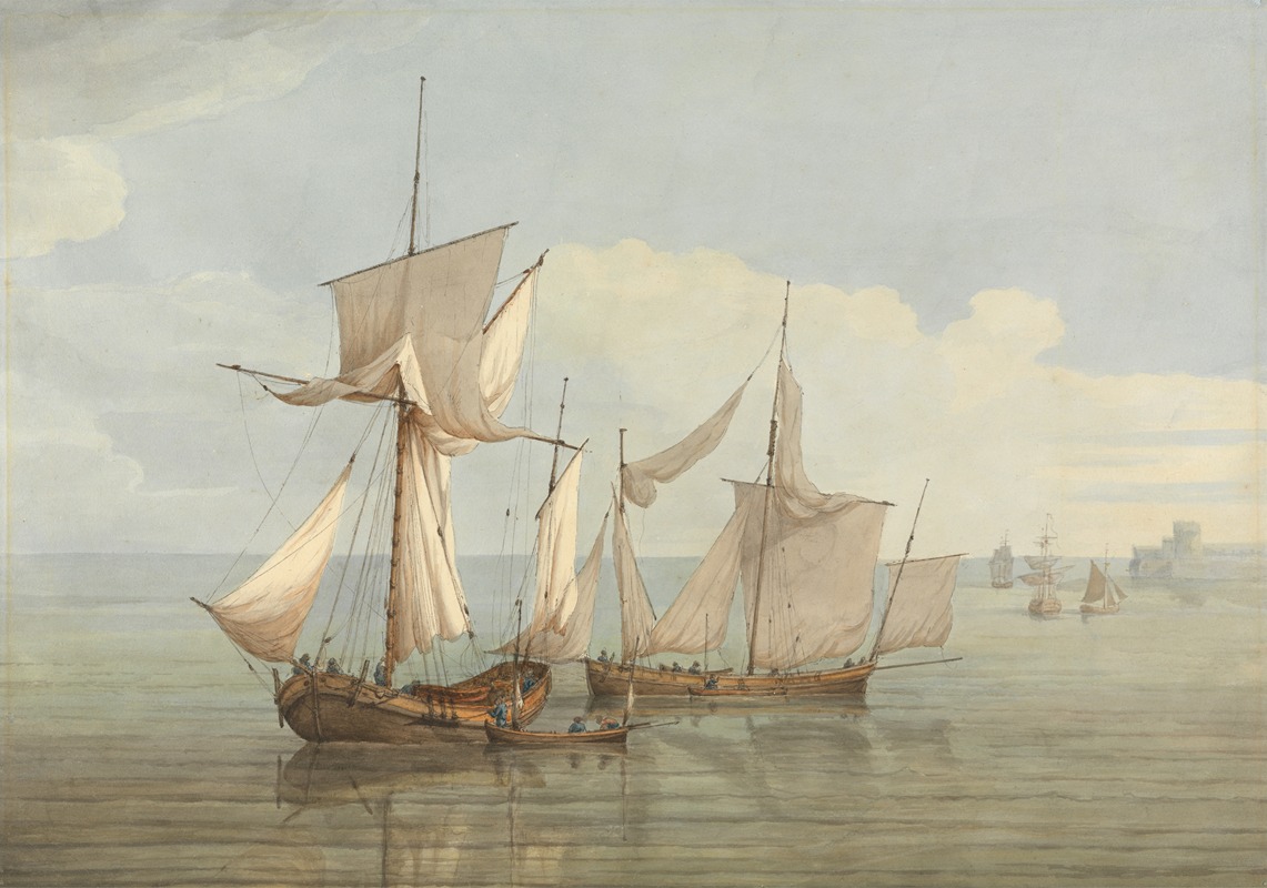 John Thomas Serres - A Hoy and a Lugger with other Shipping on a Calm Sea