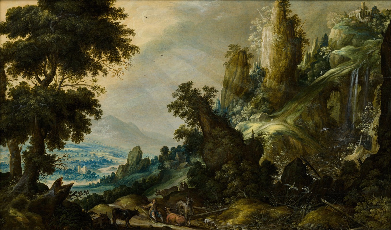 Kerstiaen de Keuninck - Mountain Landscape with Waterfall