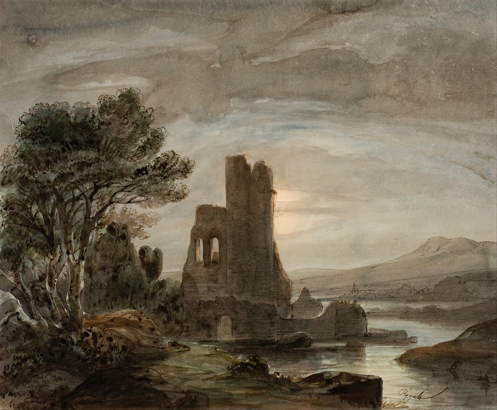 Lluís Rigalt - Night Landscape with Ruined Monastery