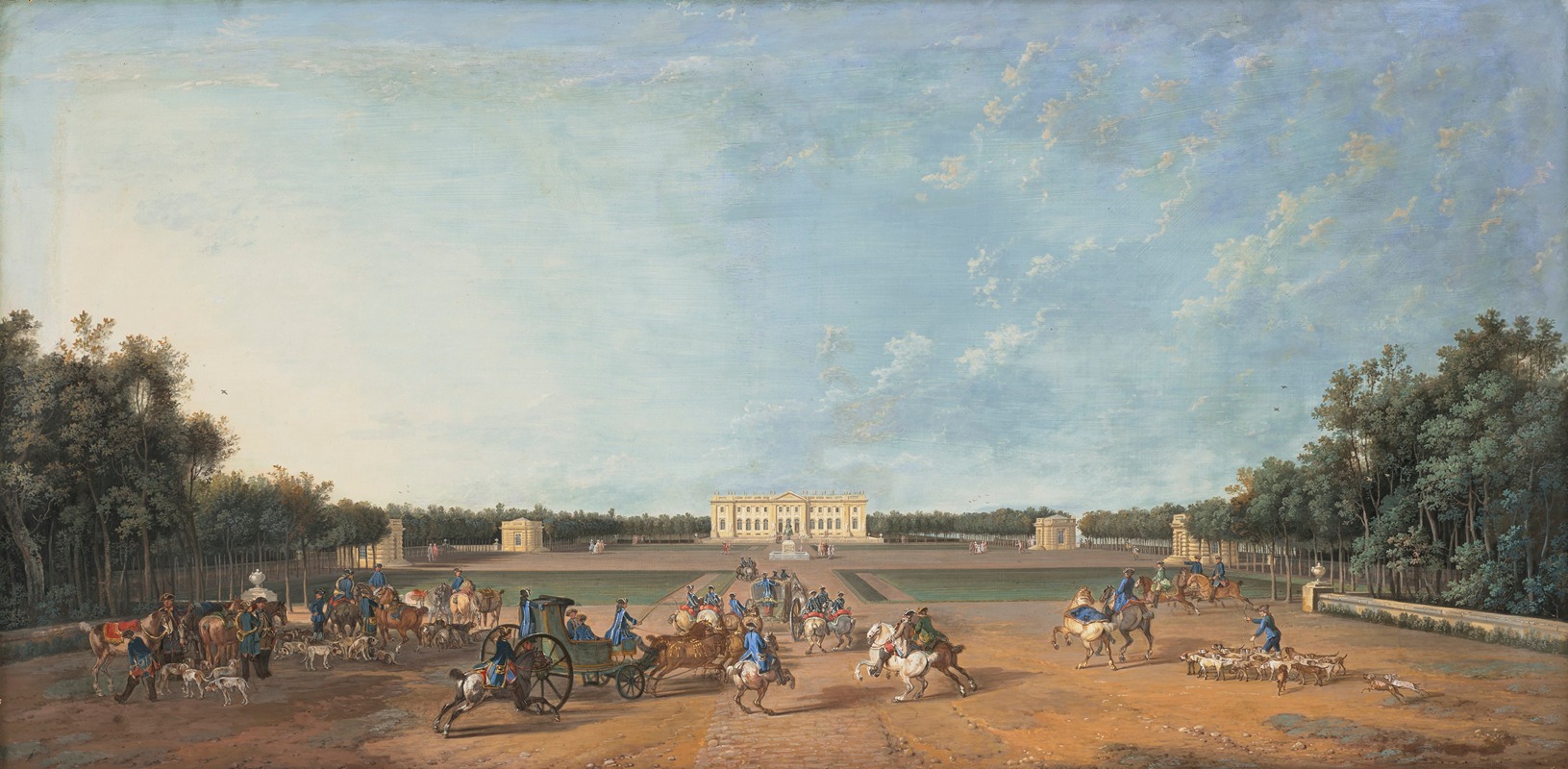 Louis-Nicolas van Blarenberghe - Louis XV with the Royal Hounds in front of the Pavillion of Croix-Fontaine belonging to the Fermier Générale Bouret