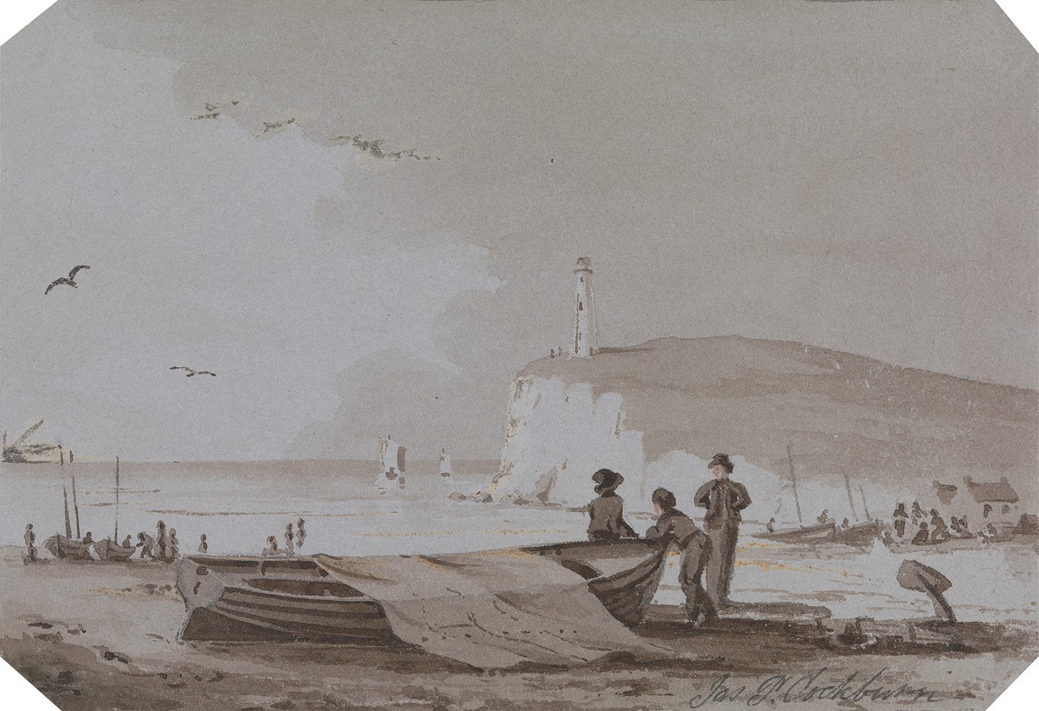 James Pattison Cockburn - Coastal scene with Figures, Boats, Lighthouse, etc.