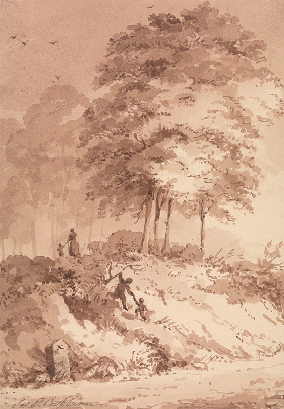 James Pattison Cockburn - Family Walking in a Wood; Child Being Helped to Clamber up a Bank