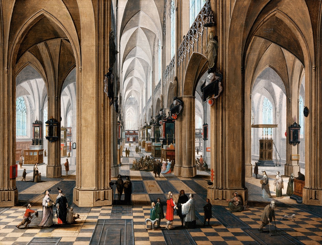 Pieter Neeffs the Elder - A church interior with elegant figures strolling and figures attending mass