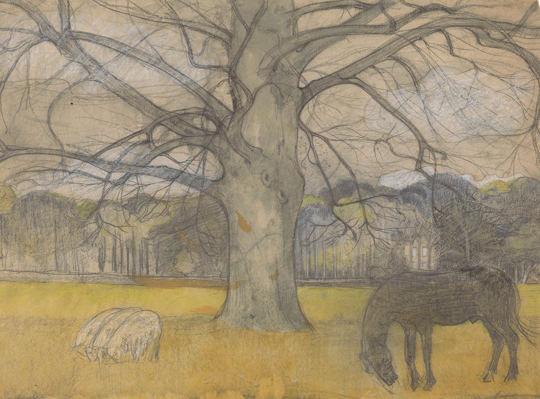 Richard Nicolaüs Roland Holst - Kale beuk op een weide met schapen en een paard