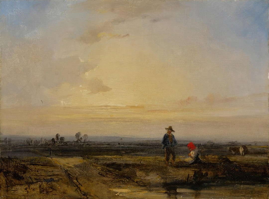 Richard Parkes Bonington - Landscape with sunset and figures before a pond