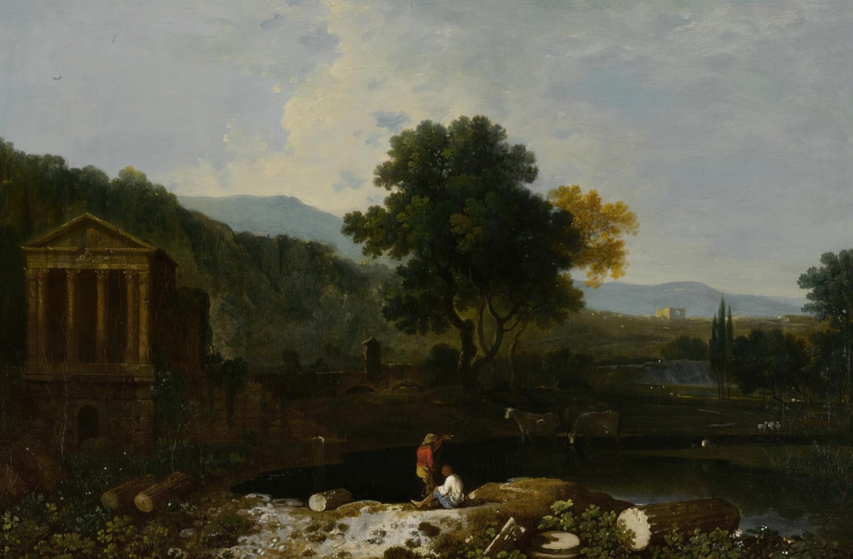 Richard Wilson - An Italian river scene, with the Temple of Clitumnus and ruins, two figures and cows