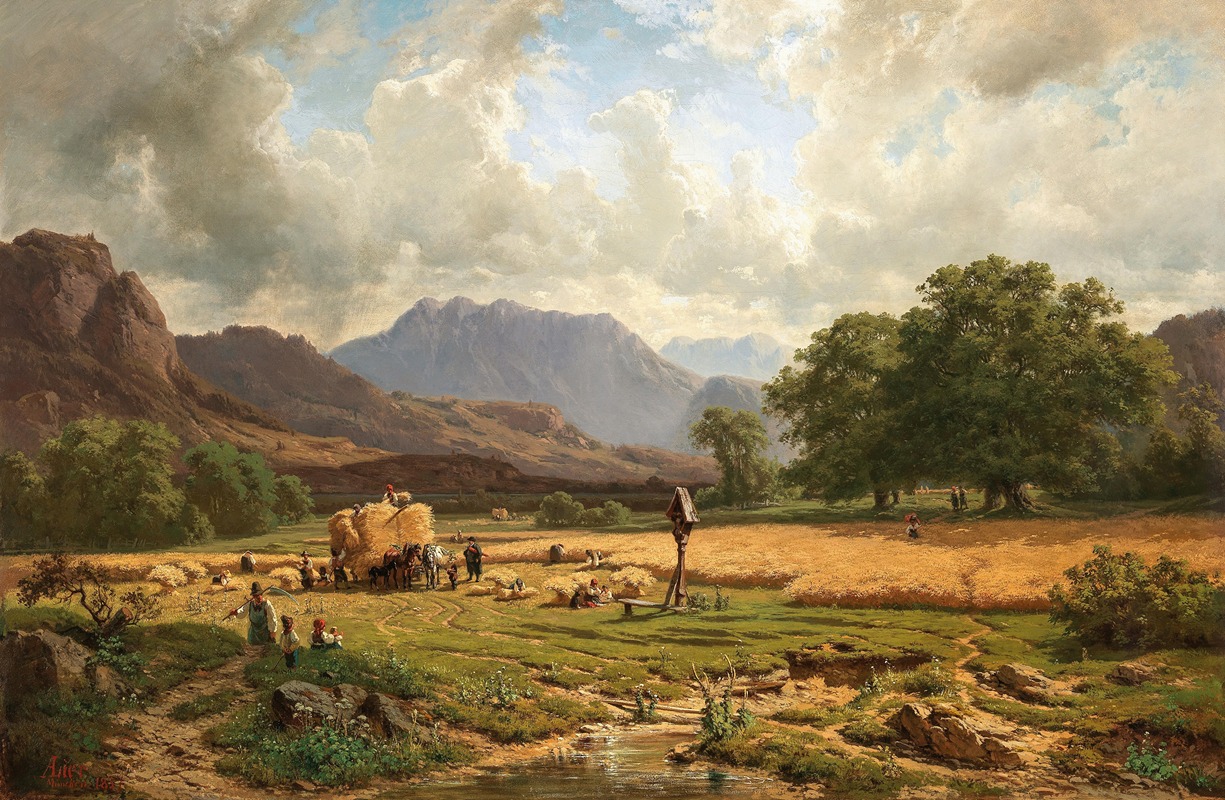 Adolf Heinrich Lier - Grain Harvest in the Mountain