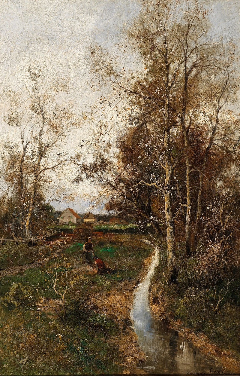 Adolf Kaufmann - A Springtime Landscape with a Creek