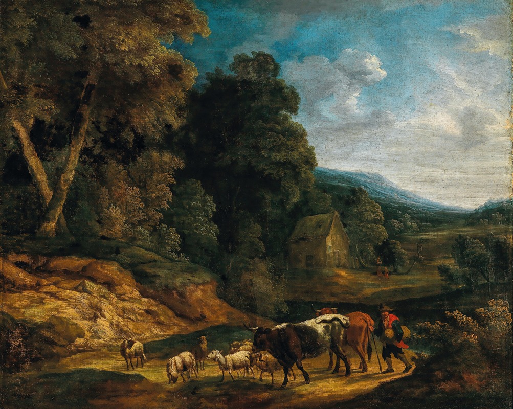 Adriaen Frans Boudewijns - A southern landscape with herdsmen and their flock