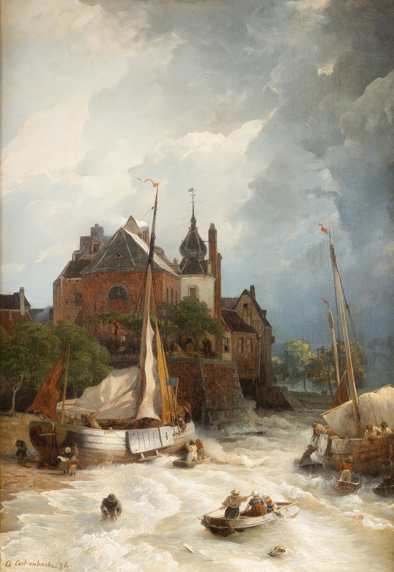 Andreas Achenbach - Beach by a town with old tower and rampart