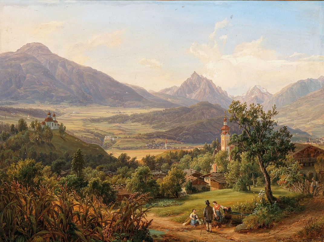 Anton Schiffer - Dorf Arzl und der Kalvarienberg von Innsbruck mit Ansicht Schloß Anna, heiligen Wasser, der Waldraster-Spitze und kleinen Stubayer Ferner
