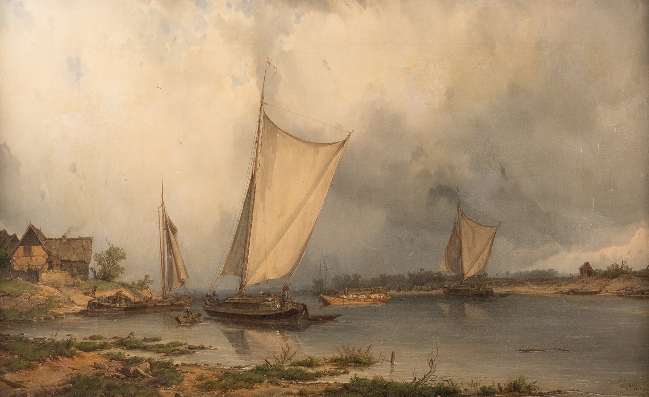 Carl Julius von Leypold - Barges by the banks of river Elbe