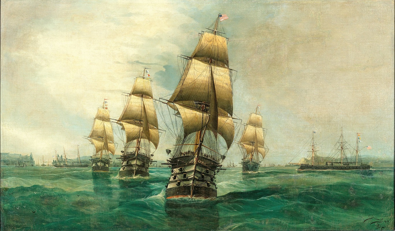 Cheri Francois Dubreuil - A Fleet Parade of American-French Ships, in the Background a Harbour Exit
