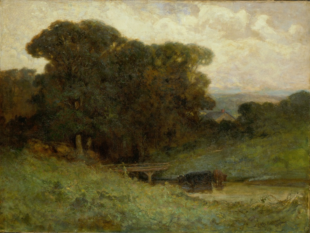 Edward Mitchell Bannister - Untitled (forest scene with bridge, cows in stream in foreground)