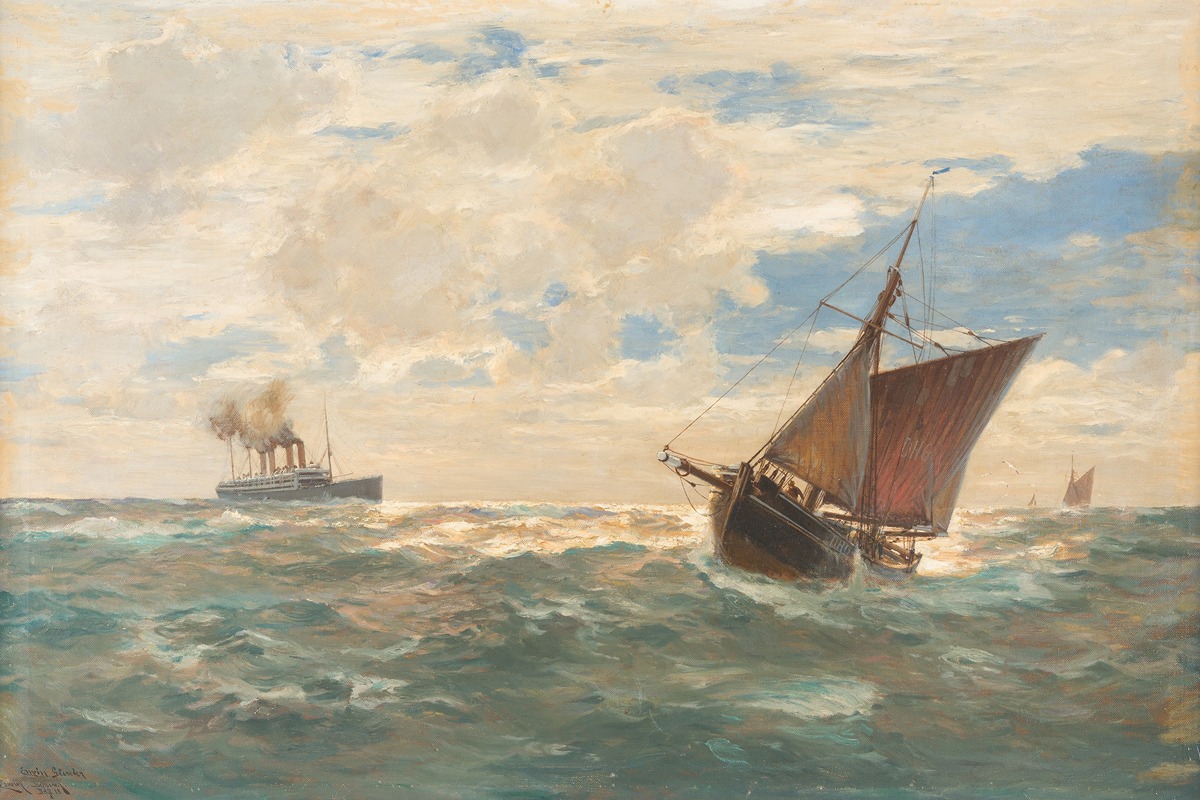 Erwin Carl Wilhelm Günther - Steamer and sailing boats on open sea