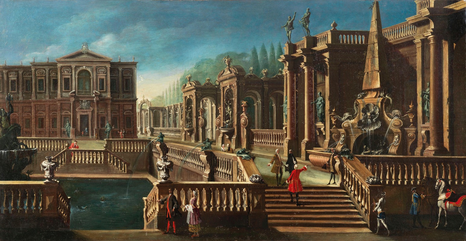 Francesco Battaglioli - View of a villa with a fountain, gardens and elegant figures
