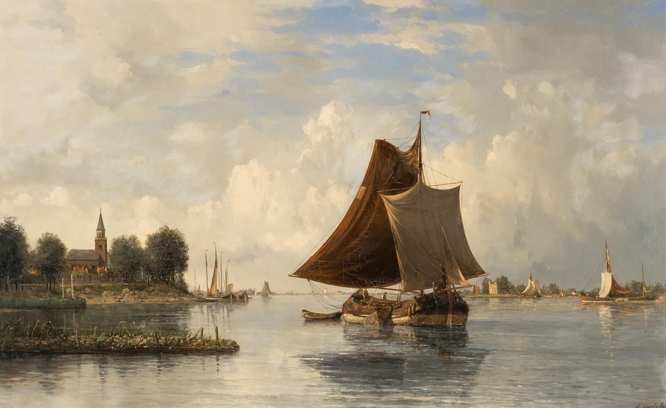 Francois Carlebur of Dordrecht - Dutch river landscape with sailing boats