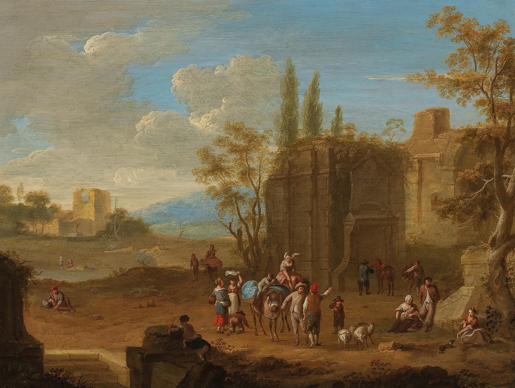 Franz de Paula Ferg - A landscape with travellers near Roman ruins